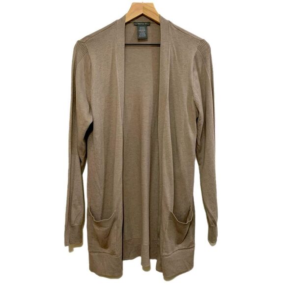 MATTY M Cardigan Women’s Medium Tan Long Line Open Front Long Sleeve Pockets. - Picture 1 of 11